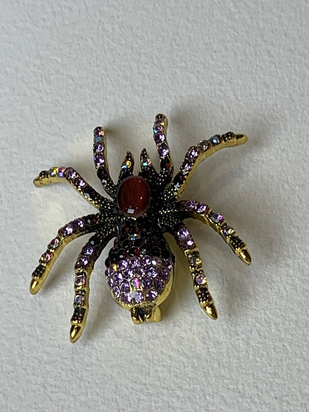 Rhinestone Spider Brooch Purple Amethyst Gold Tone